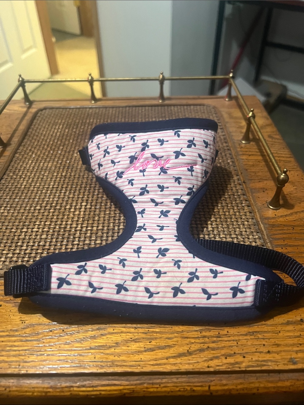 Pink Floral Soft Dog Harness with Navy Trim